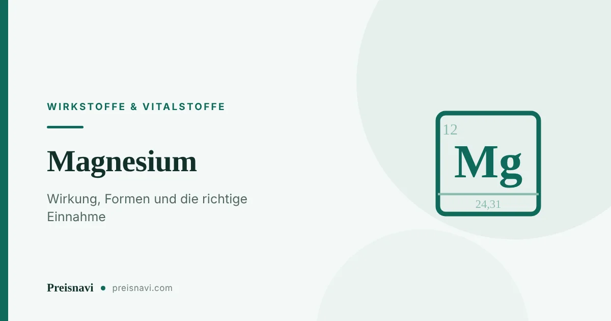 Elementkästchen mit dem Symbol Mg, der Ordnungszahl 12 und der Atommasse 24,31 als Beitragsbild zum Ratgeber über Magnesium