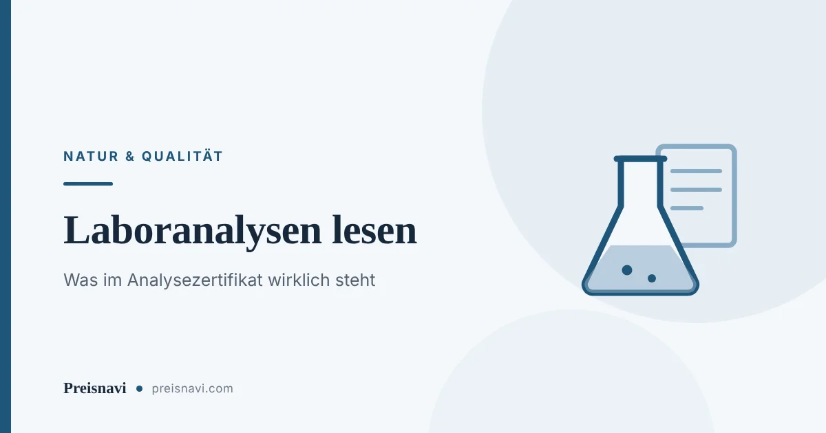 Laborkolben mit Flüssigkeit vor einem Prüfbericht als Sinnbild für das Analysezertifikat eines Nahrungsergänzungsmittels
