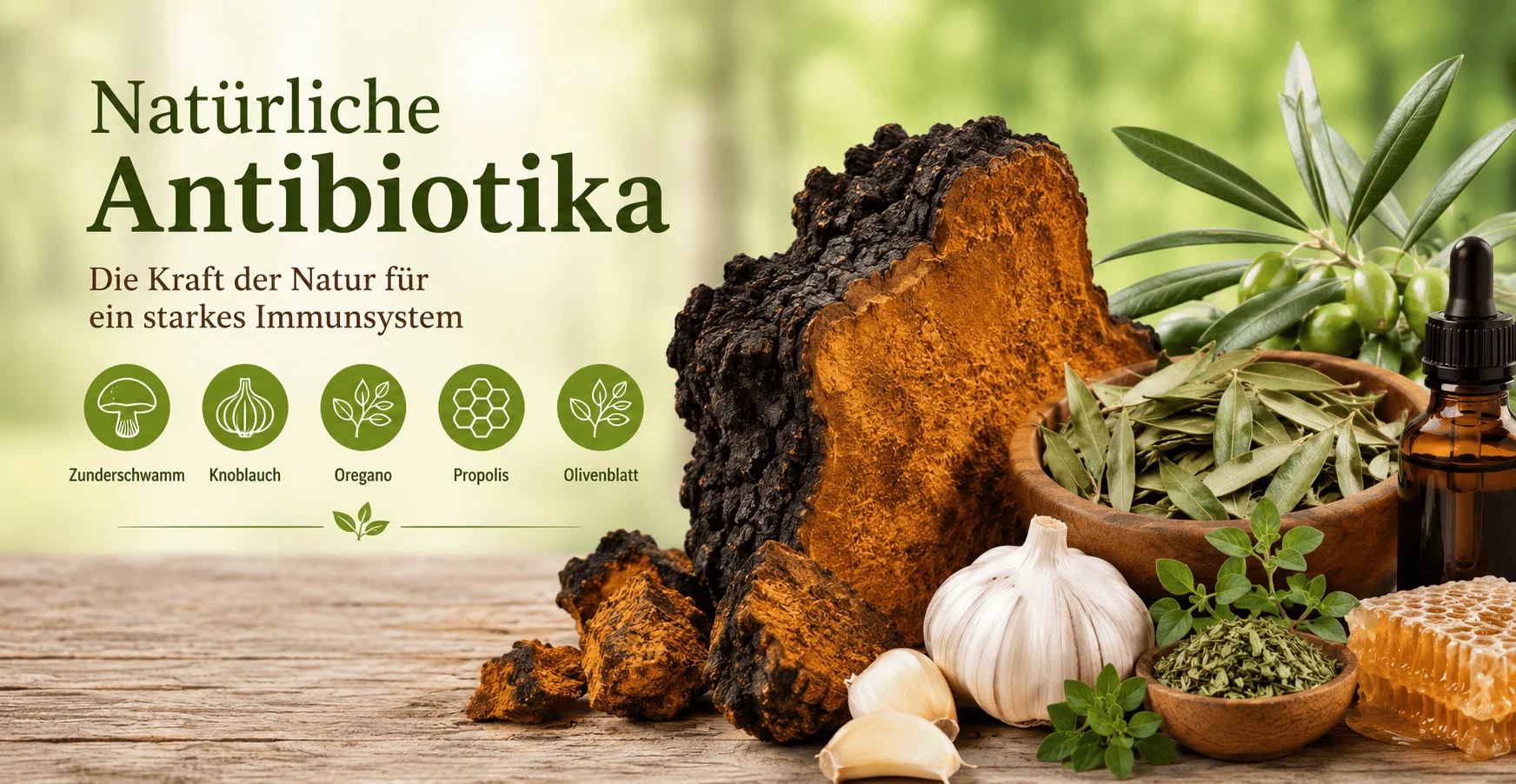 Kollage aus Knoblauch, Ingwer, Kurkuma, Thymian und getrocknetem Zunderschwamm-Pilz auf hellem Holzhintergrund – natürliche Antibiotika aus Küche und Wald