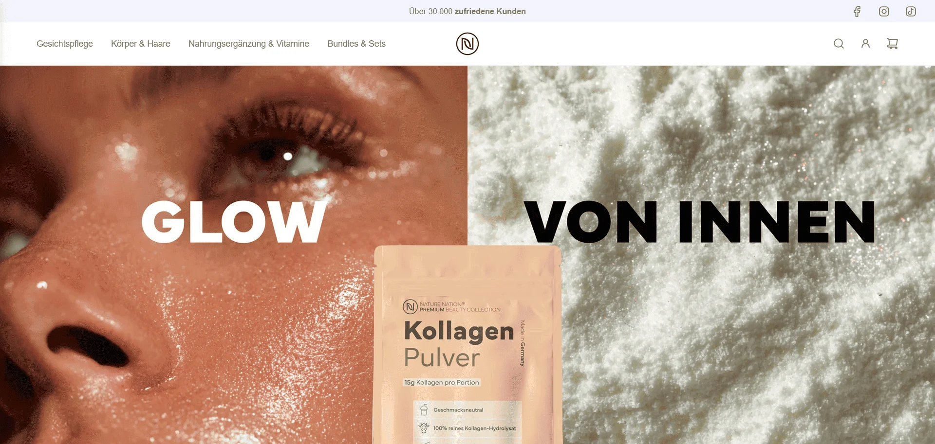 Collage für die Nature Nation Alternative Nature Heart: Zeigt das Logo, Premium-Produkte wie Kollagen und den 10% Rabattcode PREISNAVI für den Einkauf in Deutschland.