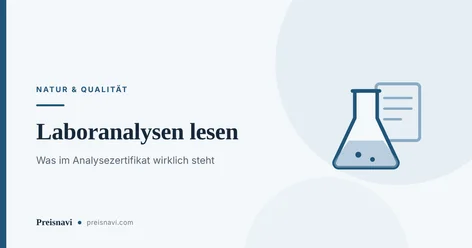 Laborkolben mit Flüssigkeit vor einem Prüfbericht als Sinnbild für das Analysezertifikat eines Nahrungsergänzungsmittels