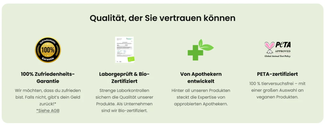 Casida.com Zertifizierungen: Labor- und Bio-Zertifiziert, Apotheken Produkte, PETA Zertifikat.