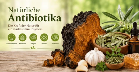 Kollage aus Knoblauch, Ingwer, Kurkuma, Thymian und getrocknetem Zunderschwamm-Pilz auf hellem Holzhintergrund – natürliche Antibiotika aus Küche und Wald