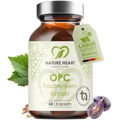 Nature Heart OPC Traubenkernextrakt Flasche mit Kapseln, daneben die Qualitätssiegel Deutsches Bio, EU-Bio, HACCP, Made in Germany und Trusted NEM.
