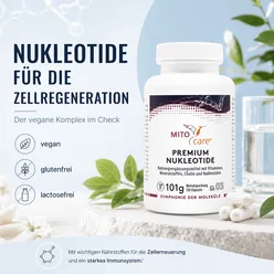 Mitocare Premium Nukleotide Flasche mit Kapseln, Glas Wasser und grünen Pflanzen als Blogbild zum Thema Nukleotide für die Zellregeneration, vegan, glutenfrei und lactosefrei.